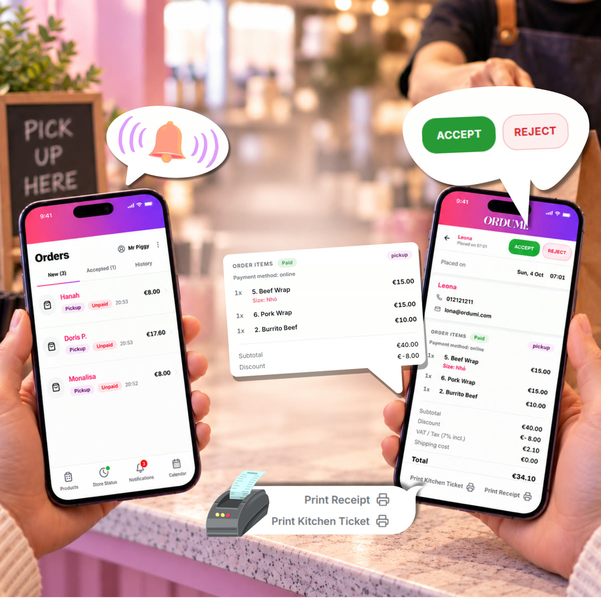 ORDUMI owner app: new order alert, accept or reject, print receipt