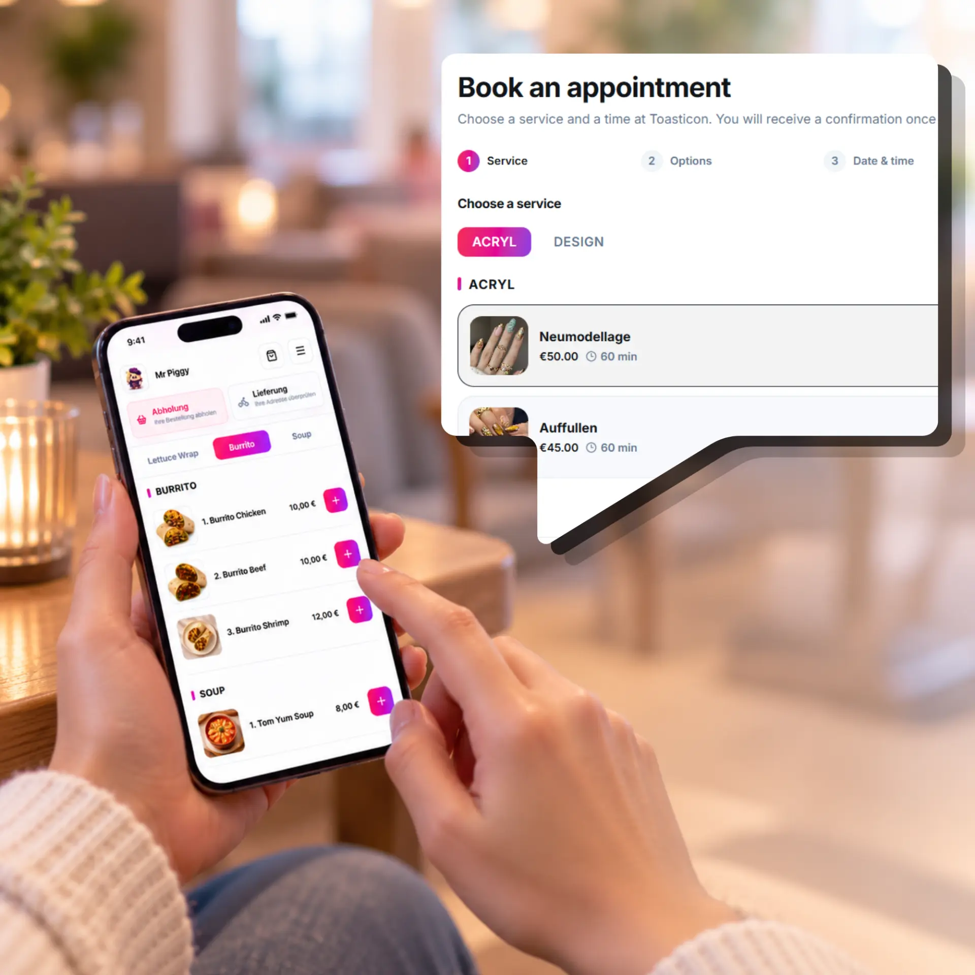 Guest ordering food and booking a salon appointment on a phone